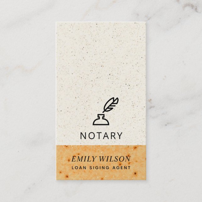 OCHRE CERAMIC GLAZED SPECKLED FEATHER NIB NOTARY BUSINESS CARD (Front)