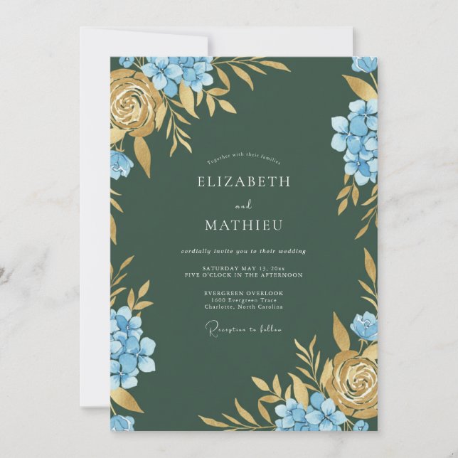 Ochre Cornflower Hydrangea Eucalyptus Wedding Invitation (Front)
