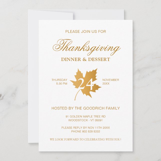 Ochre Fall Autumn Maple Leaf Thanksgiving Dinner.  Invitation (Front)