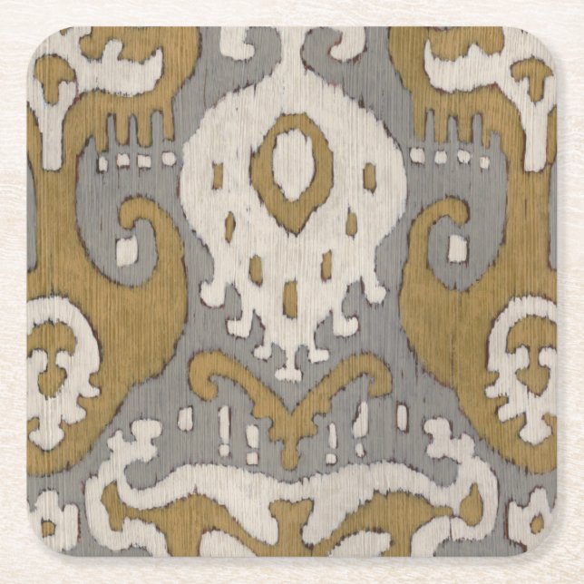 Ochre Ikat II Square Paper Coaster (Front)