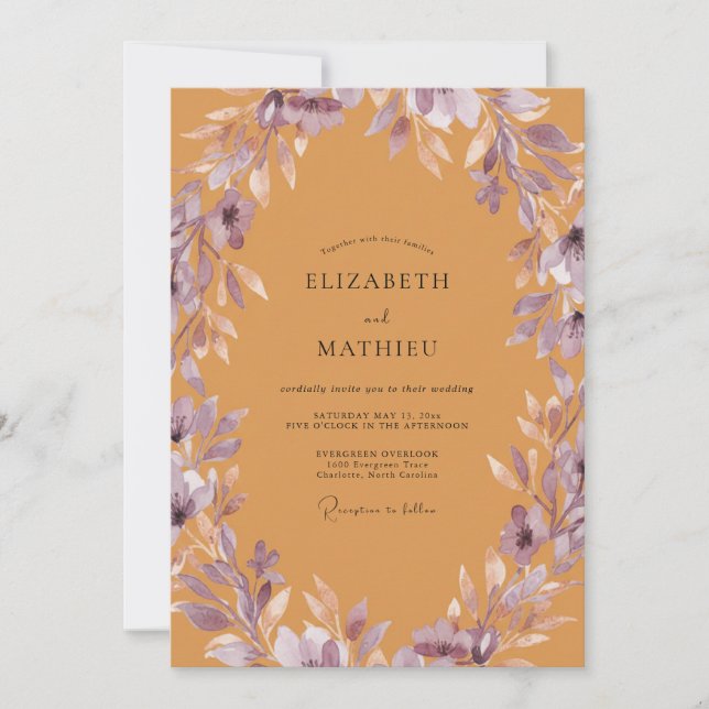 Ochre Mauve Leaf Wedding Invitation (Front)