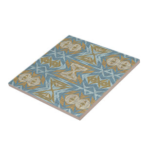 Ochre Mustard Beige Teal Blue Ethnic Tribe Art Tile
