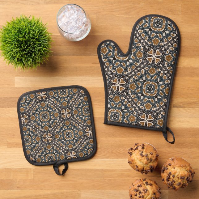 Ochre Mustard Brown Teal Blue Bohemian Bali Art Oven Mitt & Pot Holder Set (Top Down)