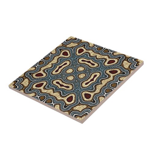 Ochre Mustard Red Brown Teal Blue Ethnic Tribe Art Ceramic Tile