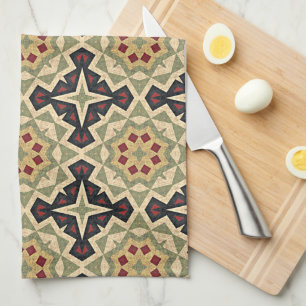 Ochre Mustard Yellow Olive Green Black Tribal Art Kitchen Towel