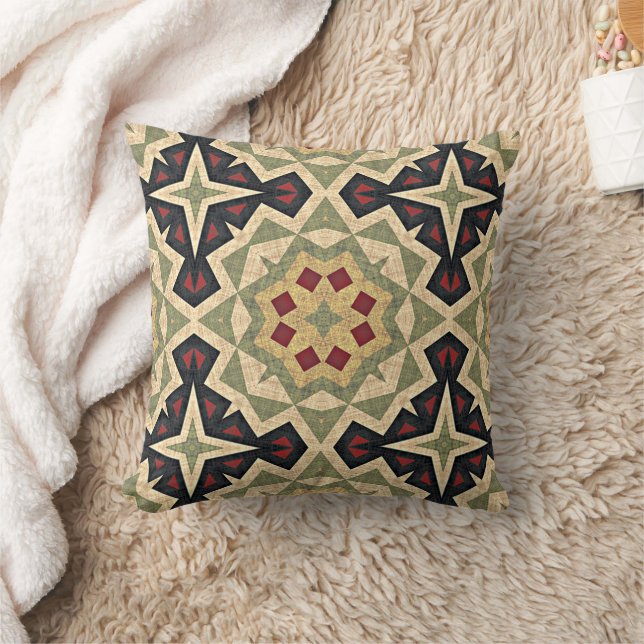 Ochre Mustard Yellow Olive Green Black Tribal Art Throw Pillow (Blanket)