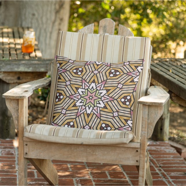 Ochre Mustard Yellow Taupe Brown Pink Tribal Art Outdoor Pillow (Chair)