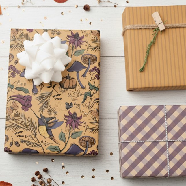 Ochre Orange Hummingbird Witch, Gingham & Stripes Wrapping Paper Sheets (Fall October Birthday Wrapping Paper for Her. Elegant Hummingbird Witch Hat Pattern, Stripes, Plaid)