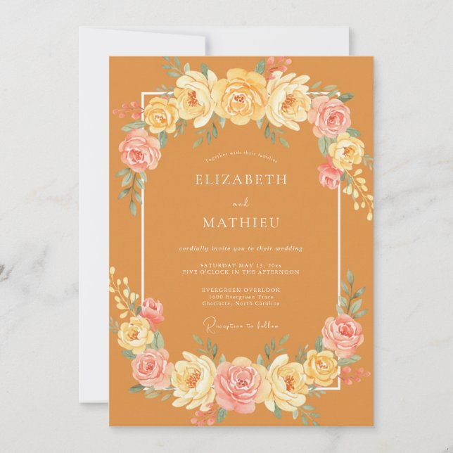 Ochre Painted Rose Wedding Invitation (Front)