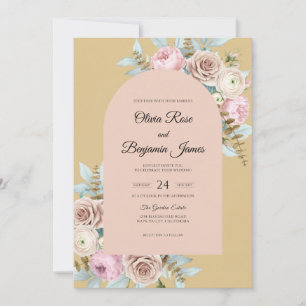 Ochre Peach Flower Eucalyptus Wedding Invitation
