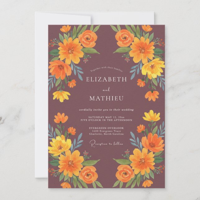 Ochre Plum Marigold Eucalyptus Wedding Invitation (Front)
