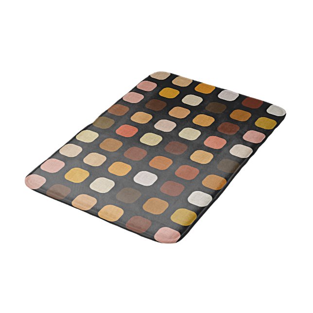 Ochre Rust Brown Peach Red Round Squares Pattern Bathroom Mat (Angled)