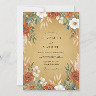 Ochre Rust Ranunculus Eucalyptus Wedding Invitation