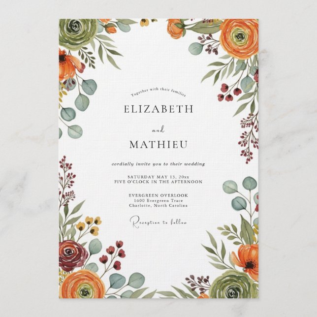 Ochre & Sage Autumnal Bloom Wedding Invitation (Front)