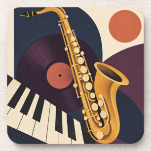 Ochre Saxophone Vinyl and Piano Jazz Composition Beverage Coaster