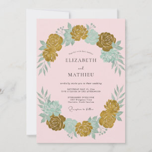 Ochre Seafoam Wreath Wedding Invitation