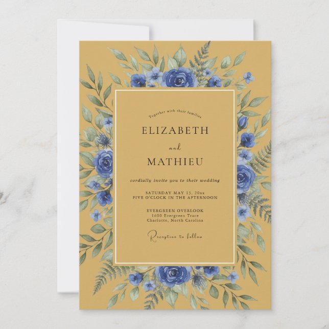 Ochre Sophisticated Blue Botanical Wedding Invitation (Front)