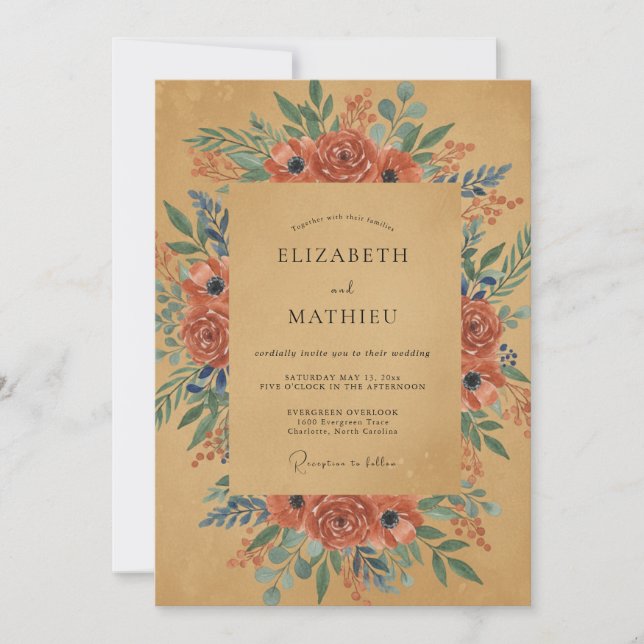 Ochre Terracotta Wreath Wedding Invitation (Front)
