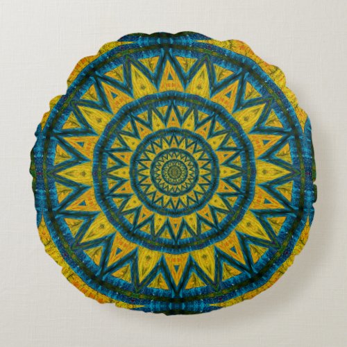 Ochre  Turquoise Bohemian Celestial Tribal Ethnic Round Pillow