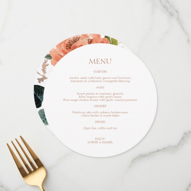 Ochre & White Initials Floral Round Wedding Menu (Front/Back In Situ)
