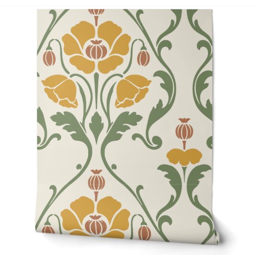 Ochre Yellow and Sage Vintage Poppy Damask Wallpaper