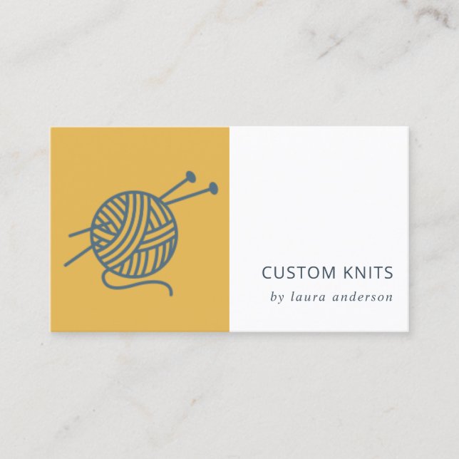 OCHRE YELLOW NAVY GREY KNITTING WOOL YARN BALL BUSINESS CARD (Front)