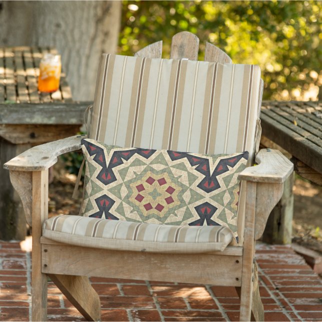 Ochre Yellow Red Olive Green Black Tribal Art Lumbar Pillow (Chair)