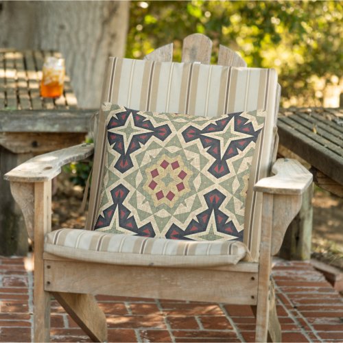 Ochre Yellow Red Olive Green Black Tribal Art Outdoor Pillow