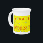 Ochun Goddess Of The Rivers Stars Beverage Pitcher<br><div class="desc">Shiny twinkling stars with words Ochun Goddess of the Rivers on a yellow background.</div>