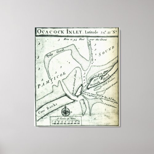 Ocracoke Inlet Map _ Blackeards Anchoring 1733 Canvas Print