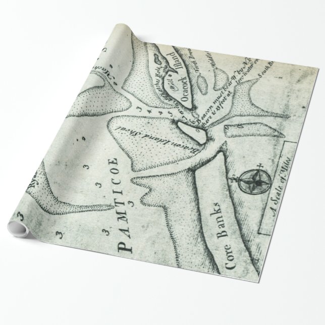 Ocracoke Inlet Map - Blackeard's Anchoring (1733) Wrapping Paper (Unrolled)
