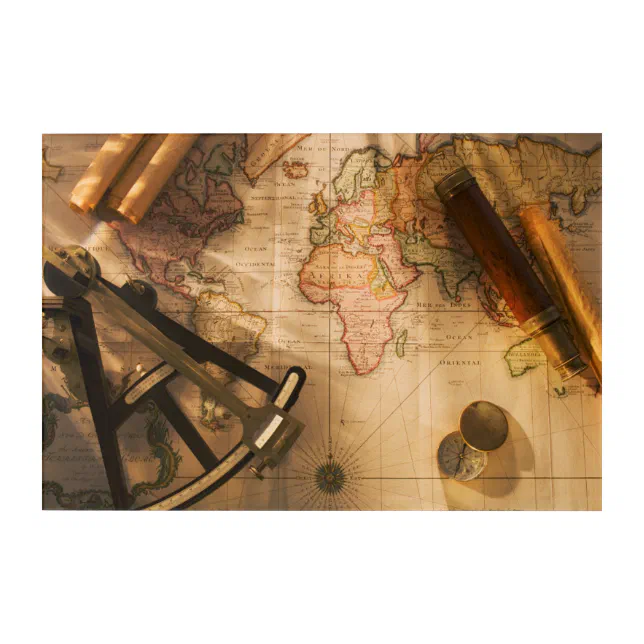 Octant, Compass And Telescope On Nautical Map Acrylic Print | Zazzle
