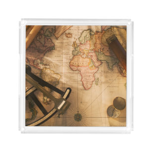 Octant, Compass And Telescope On Nautical Map Acrylic Tray