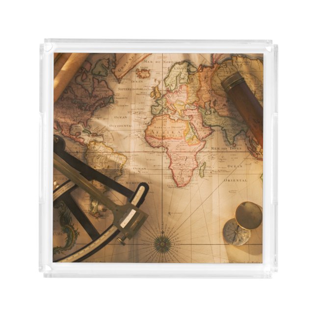 Octant, Compass And Telescope On Nautical Map Acrylic Tray (Front)