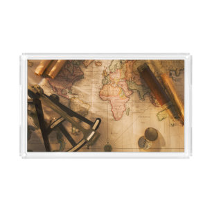Octant, Compass And Telescope On Nautical Map Acrylic Tray