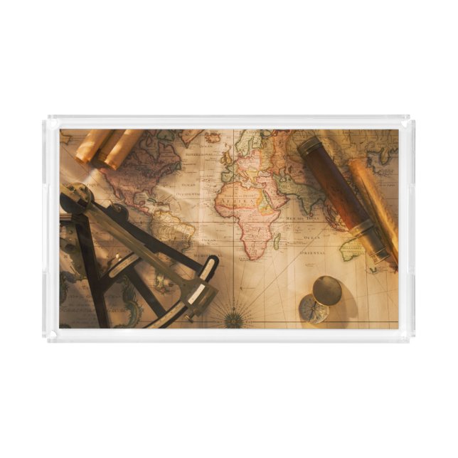 Octant, Compass And Telescope On Nautical Map Acrylic Tray (Front)