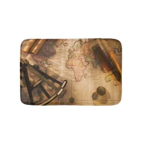 Octant Compass And Telescope On Nautical Map Bathroom Mat