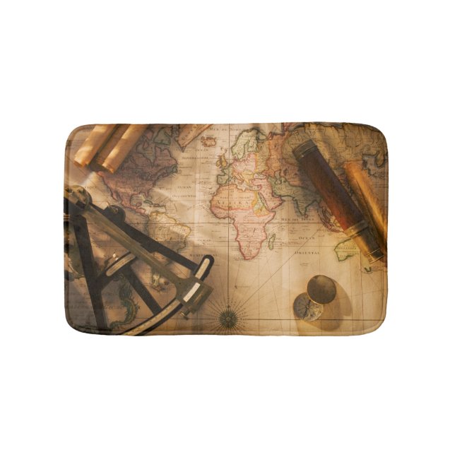 Octant, Compass And Telescope On Nautical Map Bathroom Mat (Front)