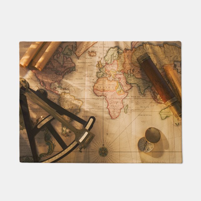 Octant, Compass And Telescope On Nautical Map Doormat (Front)