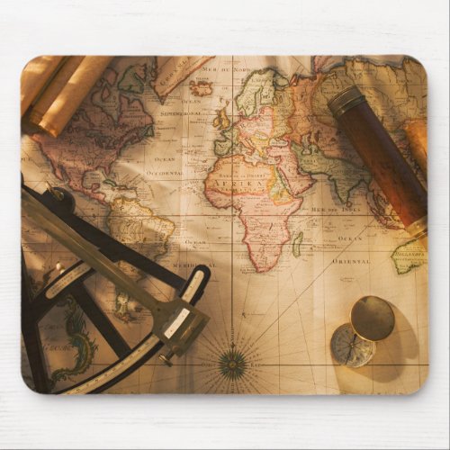 Octant Compass And Telescope On Nautical Map Mouse Pad