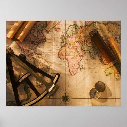 Octant Compass And Telescope On Nautical Map Poster