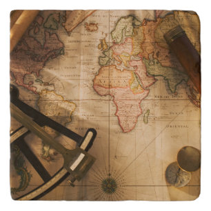 Octant, Compass And Telescope On Nautical Map Trivet