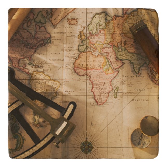 Octant, Compass And Telescope On Nautical Map Trivet (Front)