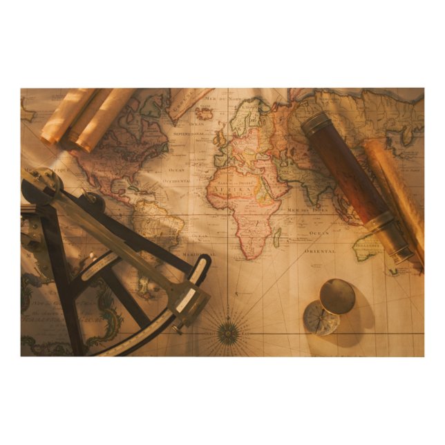 Octant, Compass And Telescope On Nautical Map Wood Wall Art (Front)
