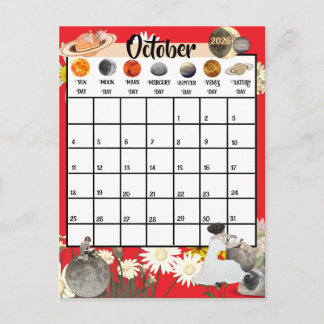 October 2026 Monthly Calendar Astrological Postcard