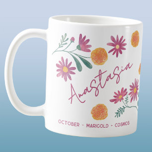 October Birth Flower Custom Name Marigold Cosmos Coffee Mug