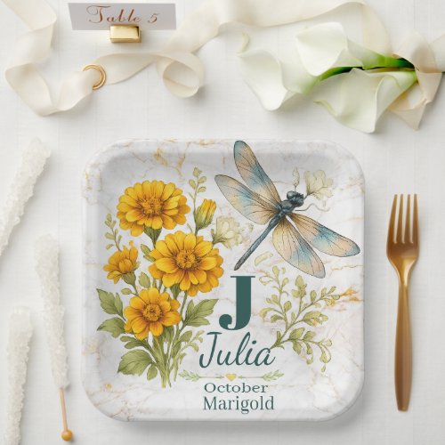 October Birth Flower Marigold & Dragonfly Paper Plates