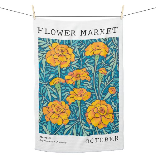 October Birth Flower Market Blue  Orange Marigold Kitchen Towel