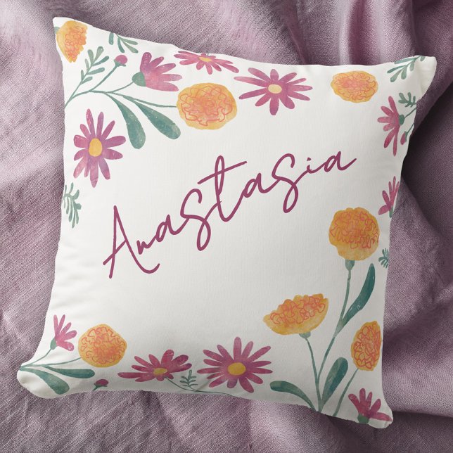 October Birth Month Marigold Cosmos Personalized Throw Pillow (October birthday personalized birth month flower marigold cosmos floral watercolor throw pillow gift)