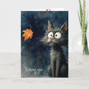 October Birthday Cat With Autumn Leaf Card